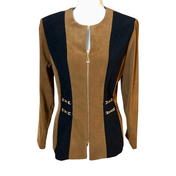 Amanda Smith Jackets & Blazers - Amanda Smith Petites Size 12P Vintage Faux Suede Brown & Black Zip Front Blazer